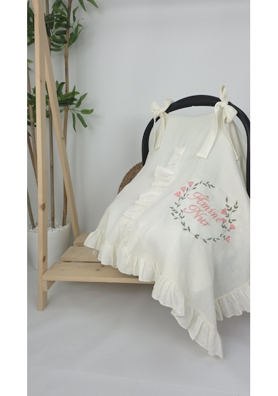 Gros Shop Müslin Yeni Doğan 4katlı Organik %100pamuk Kişiye Özgü Nakışlı Hastane Çıkış Seti Çiçek Model-2 Ekru-6
