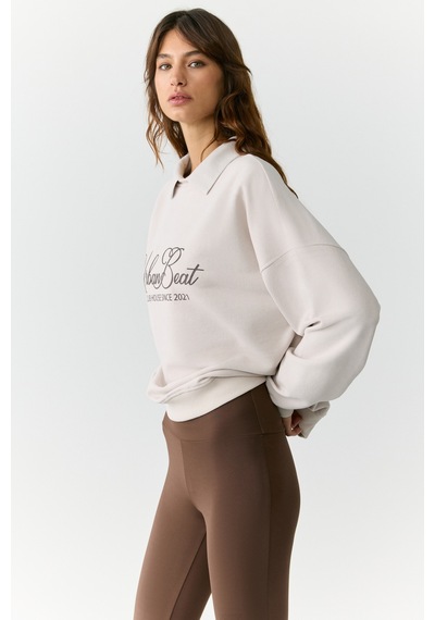 Urban Beat Alexıa Kadın Triko Gömlek Yakalı Baskı Detaylı Relaxed Taş Rengi Sweatshirt Taş Rengi