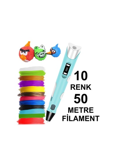 Mavi 3d Kalem Yazıcı+10 Renk 50 Metre 10x5metre Pla Filament