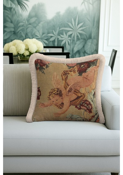 Barok Melek Motifli Saçaklı Yastık Kılıfı - Klasik Vintage Rustik Krem Püsküllü Kırlent Kılıfı Batımı Saks Mavisi Barok Melek Motifli Saçaklı Yastık Kılıfı - Klasik Vintage Rustik Krem Püsküllü Kırlent Kılıfı Batımı Saks Mavisi