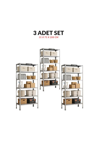 Çelik Raf 6 Katlı 3 Adet 31x93x200 Raf Sistemleri, Depo Rafı, Arşiv Rafı, Kiler Rafı, Çok Amaçlı Raf Gri