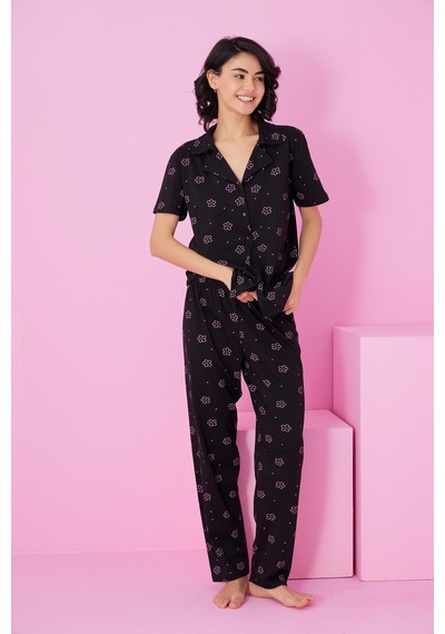 Siyah İnci Gömlek Yaka Düğmeli Örme Pijama Takım Siyah Pembe Çiçek