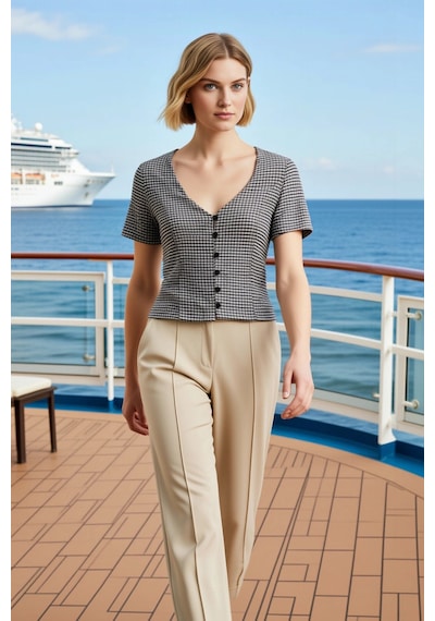 Benerly Kadın Bluz Crop V Yaka Kısa Kol Ekose Kareli Desen Düğmeli Fitted siyah
