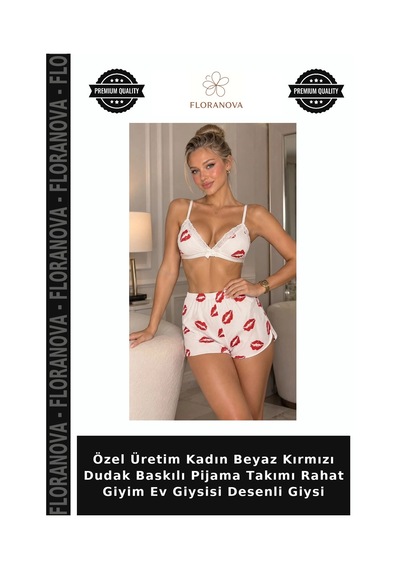 Floranova Özel Üretim Kadın Beyaz Kırmızı Dudak Baskılı Pijama Takımı Rahat Giyim Ev Giysisi Desenli Giysi Beyaz - Kırmızı