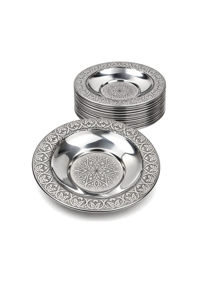 Binbir Trend 10 Cm Otantik Desenli Paslanmaz Çelik Çay Tabağı, Kırılmaz Metal Çay Bardağı Altlığı 6 Adet Gümüş