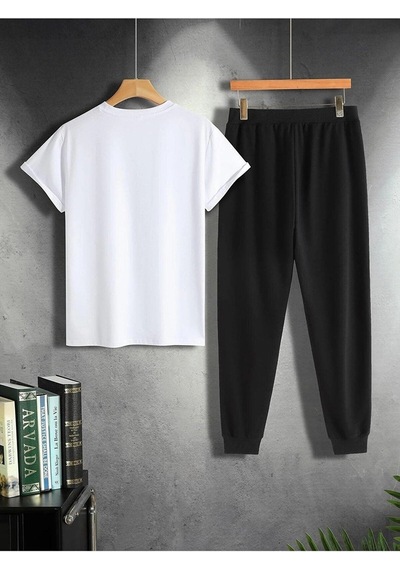 Kanat Beyaz T-shirt Siyah Eşofman Altı Jogger - Baskılı Alt Üst Takım Oversize Bisiklet Yaka Beyaz