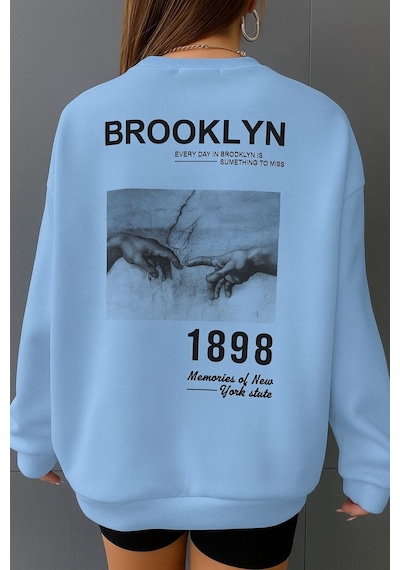 Benroma 3 İplik Penye Brooklyn Baskılı Unisex Sweatshırt Bebe Mavisi