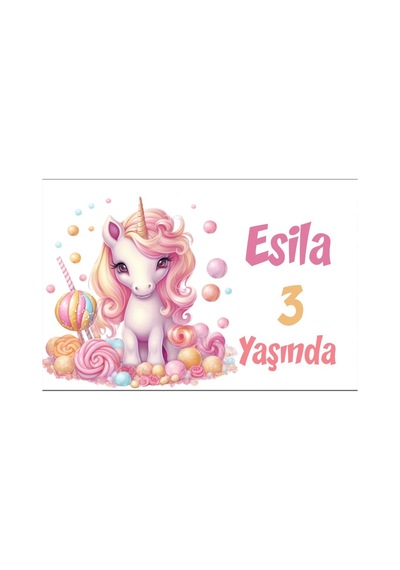 Pembe Unicorn Temalı Doğum Günü Afişi -3 50x70 Cm