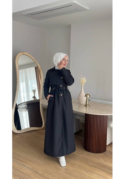 Esra Butik78 Kadın Düğmeli Trençkot Kendi Kumaşından Kemerli Model Siyah