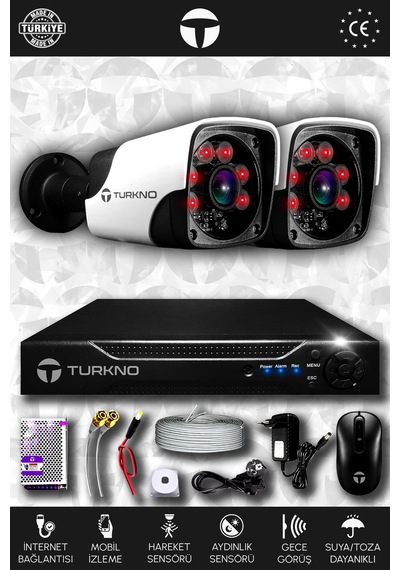 Turkno 2 Kameralı Pania 2 Dış Kamera Set HDD'siz Full HD Gece Görüşlü Güvenlik Kamerası Sistemi