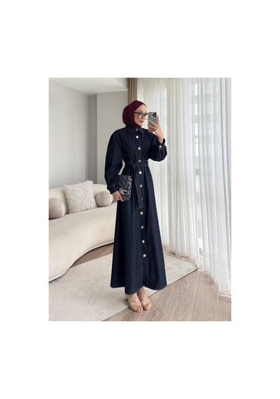 Meecy Gold Düğmeli Denim Tesettür Elbise Lacivert Lacivert