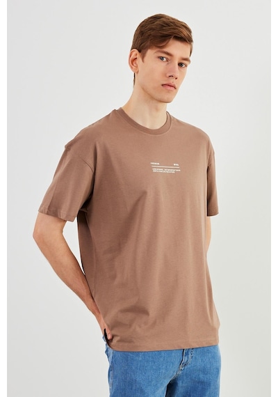 Leo Erkek Oversize Tshirt %100 Pamuk Bisiklet Yaka Baskı Detaylı Basic Tişört Vizon