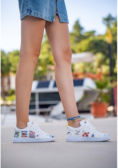 Kadın Vegan Deri Beyaz Sneakers - Cats On The Beach Tasarım Çok Renkli