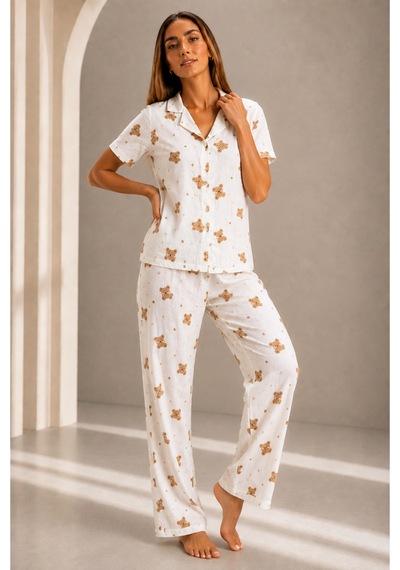 Kadın Kısa Kol Rahat Kalıp Şık Kırık Beyaz Pijama Takımı