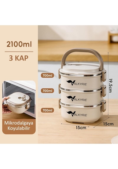 Valkyrie 3 Katlı Yemek Kabı 2100 Ml Termal Çantalı Lunch Box, 304 Paslanmaz Çelik, Bpa İçermez Krem