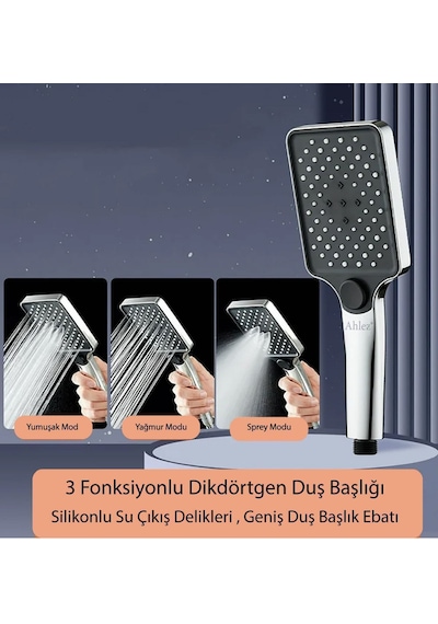 Aqua Kare 3 Fonksiyonlu Duş Başlığı , Duş Hortumu Ve Mafsal Duş Seti Gri Krom Diğer