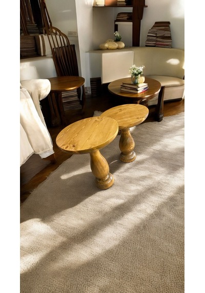 Wood Ahşap 2'li Set Konik Model Mantar Yan Sehpa Meşe Renk