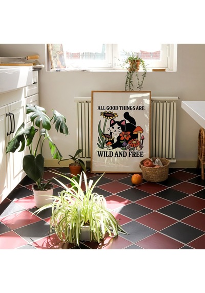 Retro Vahşi Çiçek Kedi Posteri, Botanik Baskı, Vahşi Çocuk Sözü, Çiçek Posteri