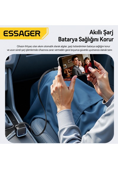 Essager 45w Araç Şarj Cihazı Geri Çekilebilir Type-c Kablolu Pd Hızlı Şarj Çakmaklık Adaptörü 75cm Kablo