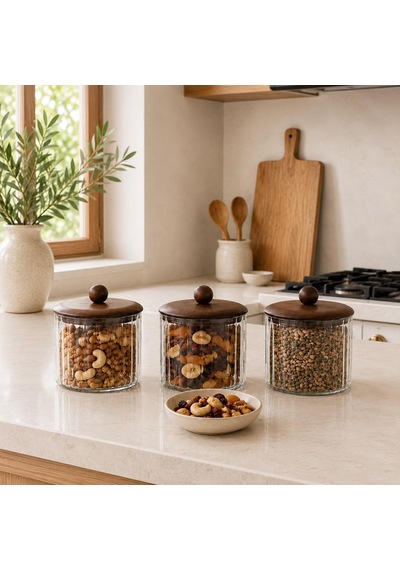 3'lü Set 750 Ml Akasya Kapaklı Çizgili Cam Kavanoz Seti Kahve Çay Şeker Kuruyemiş Saklama Kabı Çok Renkli