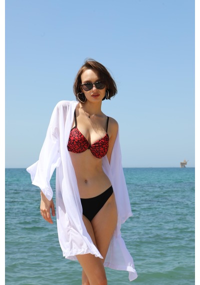 Modi Moda Çizgi Kadın Kimono Pareo Plaj Elbisesi Beyaz 38049