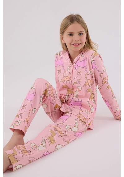 Rolypoly Kız Çocuk Pembe Gömlek Pijama Takımı 5274-48717 Pembe