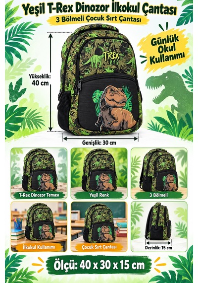 T-rex Dinozor İlkokul Okul Çantası 3 Bölmeli Yeşil Çocuk Sırt Çantası 40 X 30 X 15 Cm Çok Renkli
