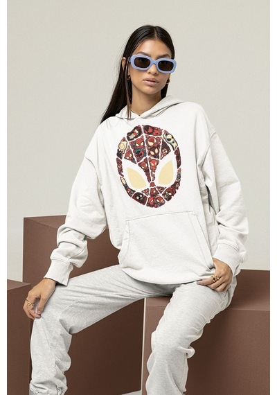 Sevbano Tasarım Spider-man Maske Baskılı Unisex Oversize Marvel Hoodie Beyaz