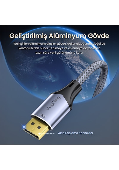 Veggieg Displayport 16k 60hz 8k 240hz 4k 240hz 80 Gbps Hdr Arc Örgülü Dp 2.1 Kablo 1.5 Metre