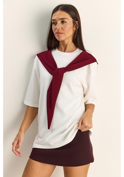 Shade Kadın Şal Detaylı Oversize Basic T-shirt 1094 60286118 - Beyaz-bordo Çok Renkli