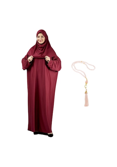 Modish Group Zarif Namaz Elbisesi Ve Türban Tesbih Set Tesettür Şal Müslüman Kıyafetleri Abaya - Indigo Bordo