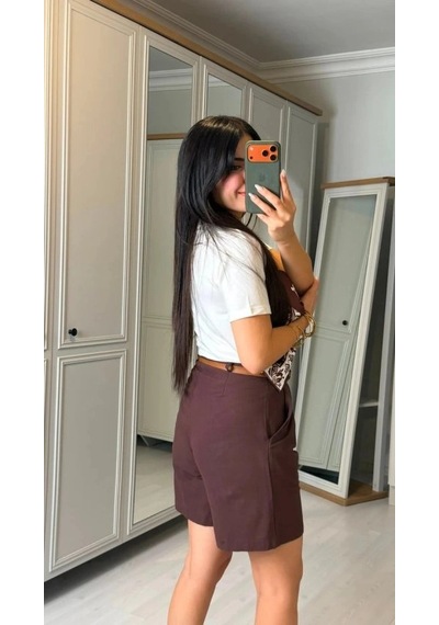 DefyModa Kadın Şal Desen Detay Bluz Ve Keten Şort Ikili Takım Kahverengi