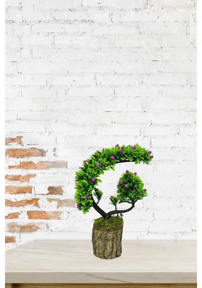 Yapay Çiçek Bonsai Ağacı Kütük Saksıda Lila Tomurcuklu Hilal Model Dekoratif Yapay Ağaç Bonzai 30 20 Cm