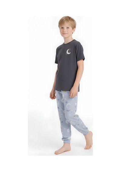 Modanino Erkek Çocuk %100 Pamuk Kumaş Pijama Takımı 8-13 Yaş 12712ıs Antrasit
