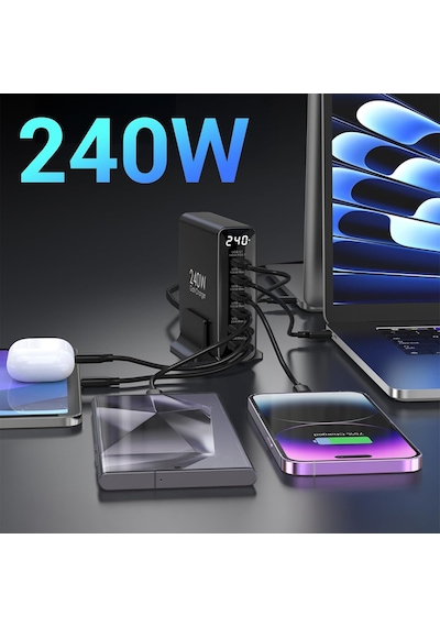 Juo 240W Gan PD 3.1 Masaüstü Hızlı Şarj Cihazı 4 Type-C + 2 Usb-A iPhone & Apple Uyumlu MacBook & Laptop Şarj Aleti