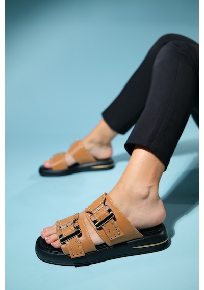 Luvishoes Zley Taba Şeffaf Tokalı Kadın Terlik Taba