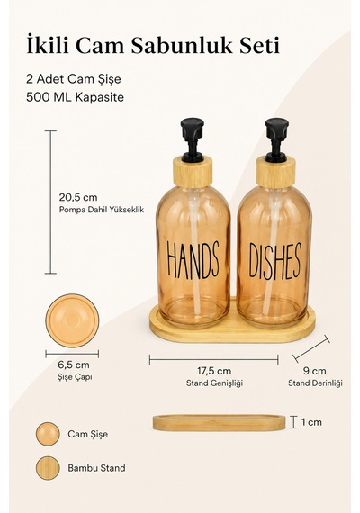 Relly Bambu Standlı İkili Cam Sabunluk Seti 2 X 500 Ml Hands & Dıshes Turuncu