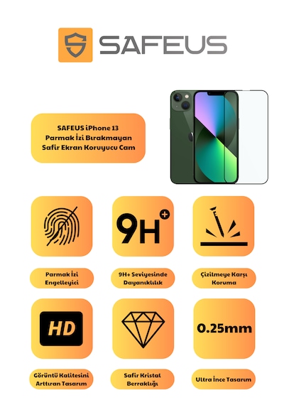 Safeus Tam Kaplayan Parmak İzi Bırakmayan Safir Ekran Koruyucu Cam , Apple Uyumlu iPhone 13 İle