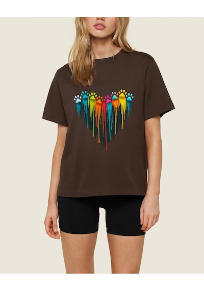 Unisex Sevimli Kedi Patili Kalp Tasarım Basklı Tshirt Kahverengi