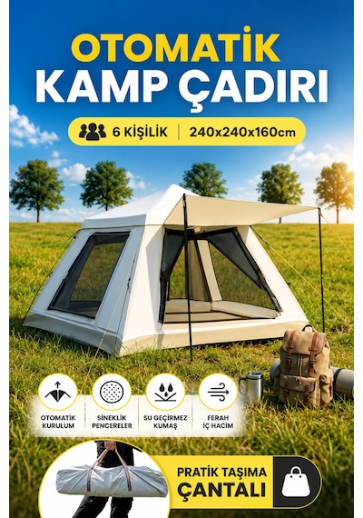 Kamp Çadır 6 Kişilik, 240x240x160cm Ebatlarında, Ac6637 Güneşlikli Su Geçirmez Otomatik Kamp Çadırı Yeşil