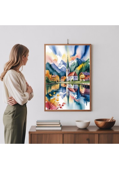Slovenya'daki Bled Gölü Suluboya Sanat Baskısı - Huzur Veren Duvar Dekoru