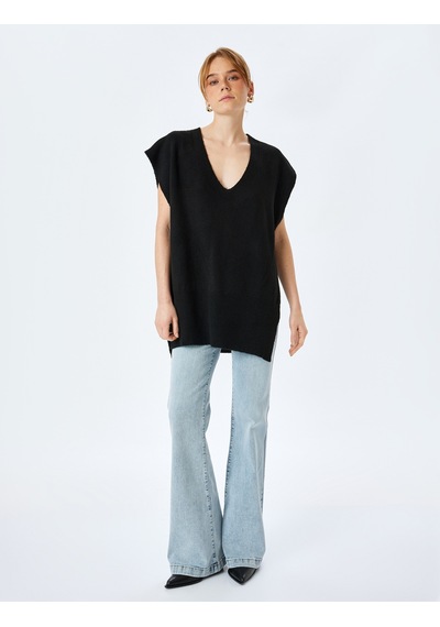 Koton Yanları Yırtmaçlı V Yaka Oversize Süveter Siyah 5wak20078ht Siyah
