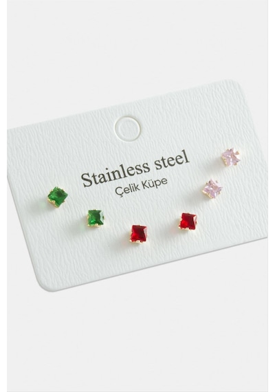 6 Adet Kare Zirkon Tek Taşlı Çelik Küpe 0396 Altın
