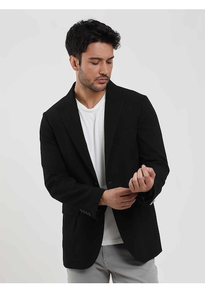Dufy Siyah Erkek Slim Fit Çizgili Sivri Yaka Ceket - 104443-siyah Siyah