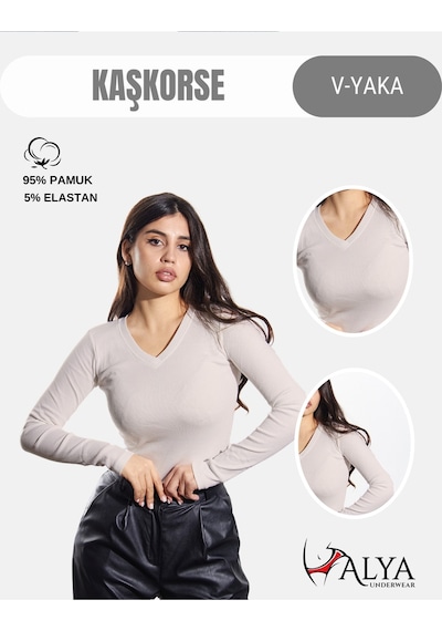 Alya Underwear Pamuklu Kaşkorse V Yaka Body Sweatshirt, Fitilli Kumaş Likralı Bluz, Asker Yeşili Badi Bej Kemik