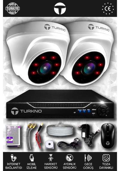Turkno 2 Kameralı Domia 2 İç Kamera Set HDD'siz Full HD Gece Görüşlü Güvenlik Kamerası Sistemi
