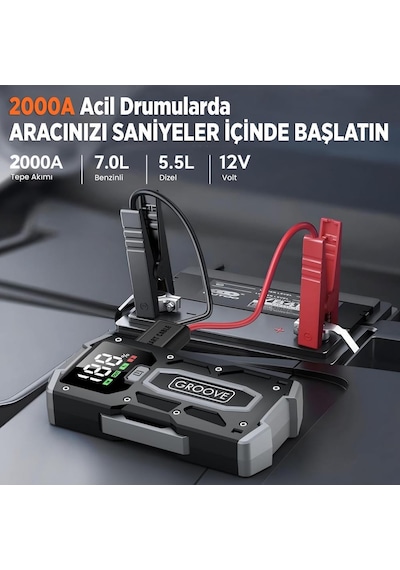 Groove M01 15800mah 2000a Akü Takviye Cihazı Taşınabilir Jump Starter Powerbank+Led Lamba+Lcd Ekran