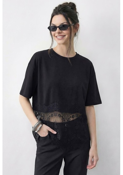 Shade Kadın Bisiklet Yaka Dantel Detaylı Rahat Kalıp T-shirt 1074 60286064 - Siyah