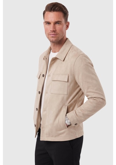 Rizzup Erkek Slim Fit Tüylenmeyen Kırışmayan Krem Süet Ceket Astarlı Gömlek Yaka 2704503