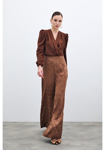 Sateen Jakarlı Salaş Pantolon - Kahve Kahverengi